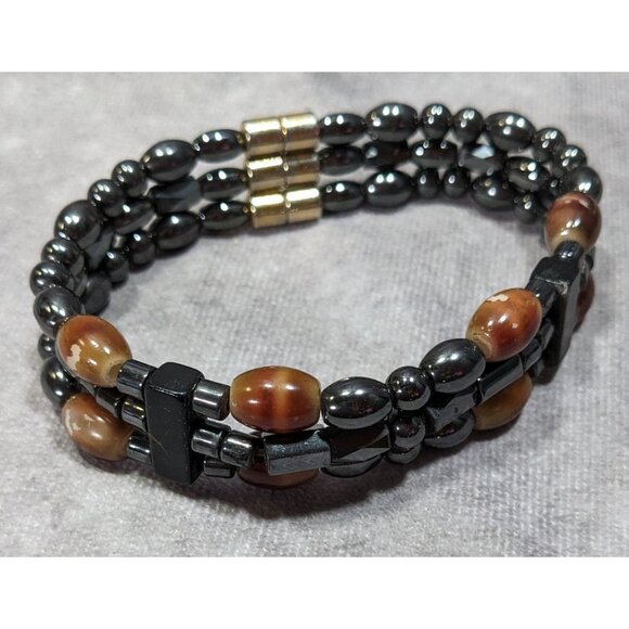 Men's Hematite And Brown Glass Layered Beaded Magnetic Bracelet - Picture 5 of 8